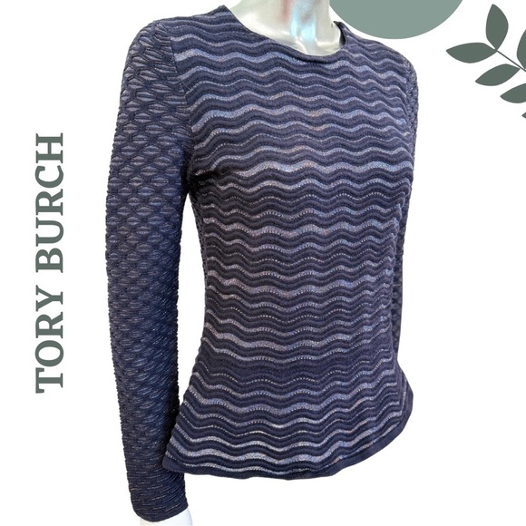 Tory Burch Textured Wool Blend Knit Long Sleeve Sweater Metallic Thread – Small - Picture 4 of 7